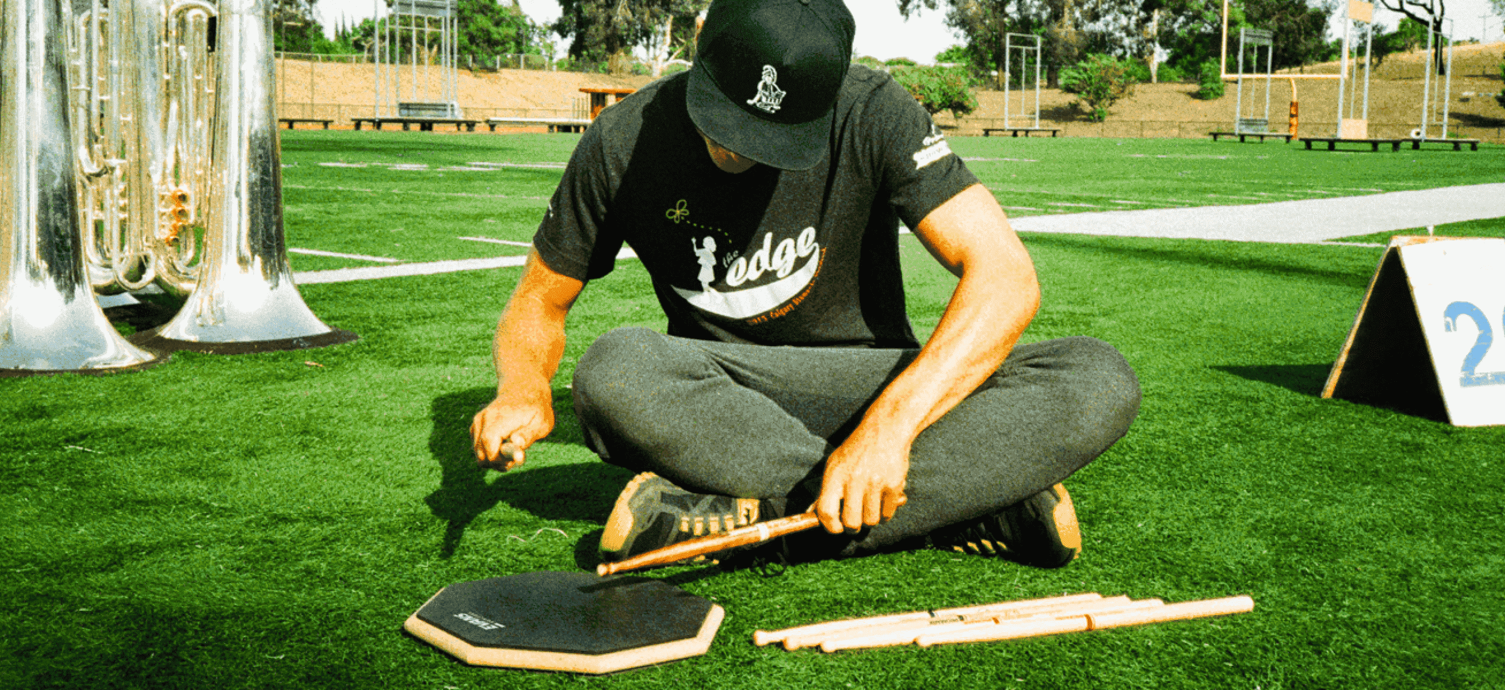 Marching percussion student drumming on Evans Real Feel Practice Pad