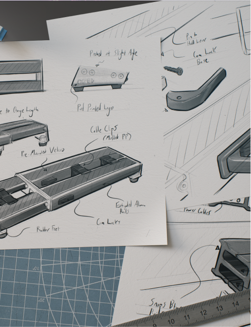 Drawings of a new pedalboard product