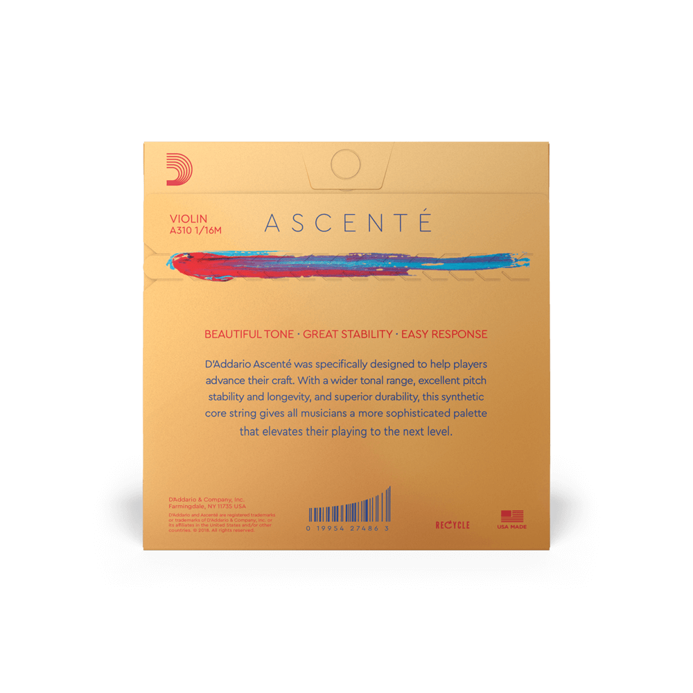 D'Addario Ascenté Violin String Set, 1/16 Scale, Medium Tension