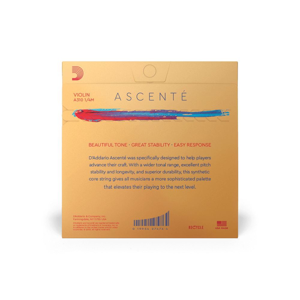D'Addario Ascenté Violin String Set, 1/4 Scale, Medium Tension