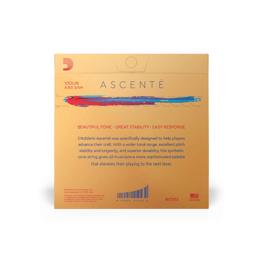 D'Addario Ascenté Violin String Set, 3/4 Scale, Medium Tension
