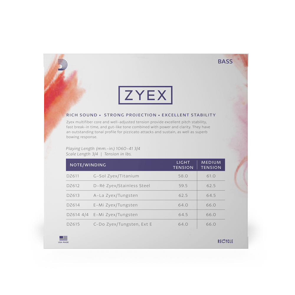 D'Addario Zyex Bass String Set, 3/4 Scale, Light Tension