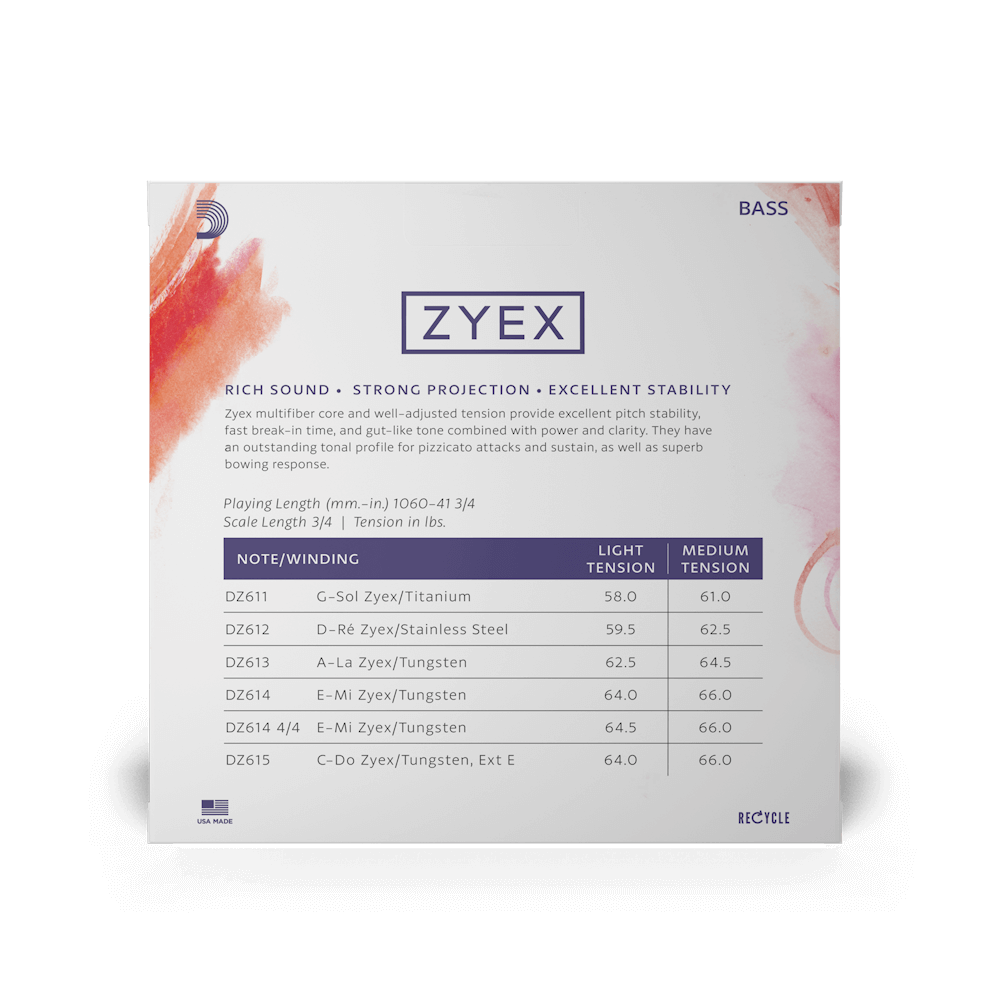 D'Addario Zyex Bass String Set, 3/4 Scale, Light Tension