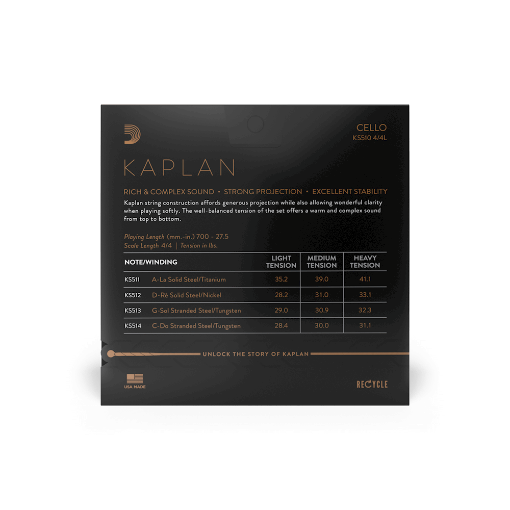 D'Addario Kaplan Cello String Set, 4/4 Scale, Light Tension