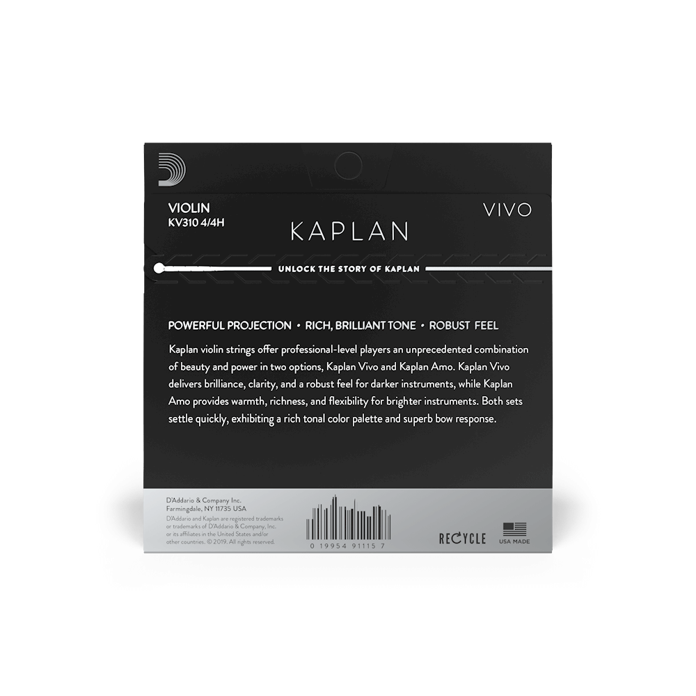 D'Addario Kaplan Vivo Violin String Set, 4/4 Scale, Heavy Tension