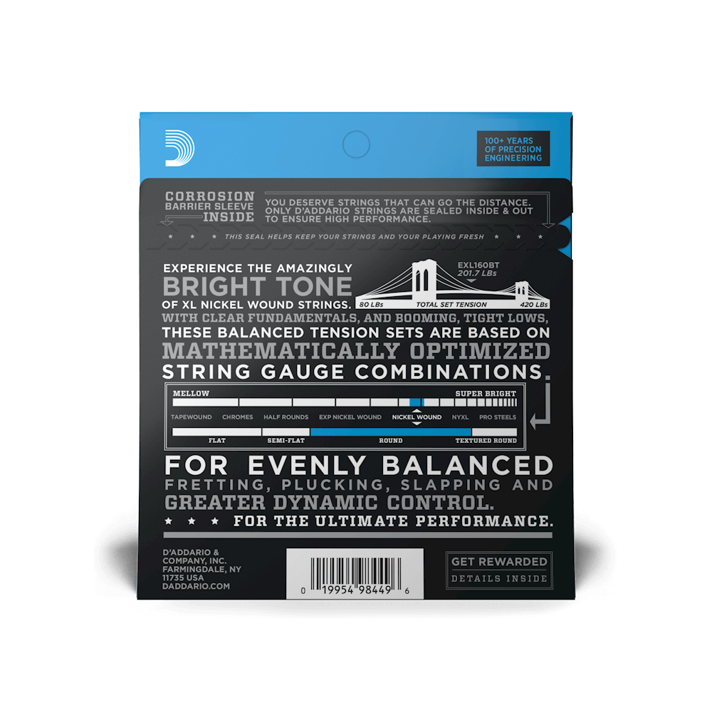 D'Addario EXL160BT Nickel Wound Bass Guitar Strings, Balanced Tension Medium, 50-120, Long Scale