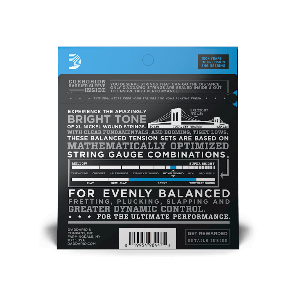 D'Addario EXL220BT Nickel Wound Bass Guitar Strings, Balanced Tension Super Light, 40-95, Long Scale