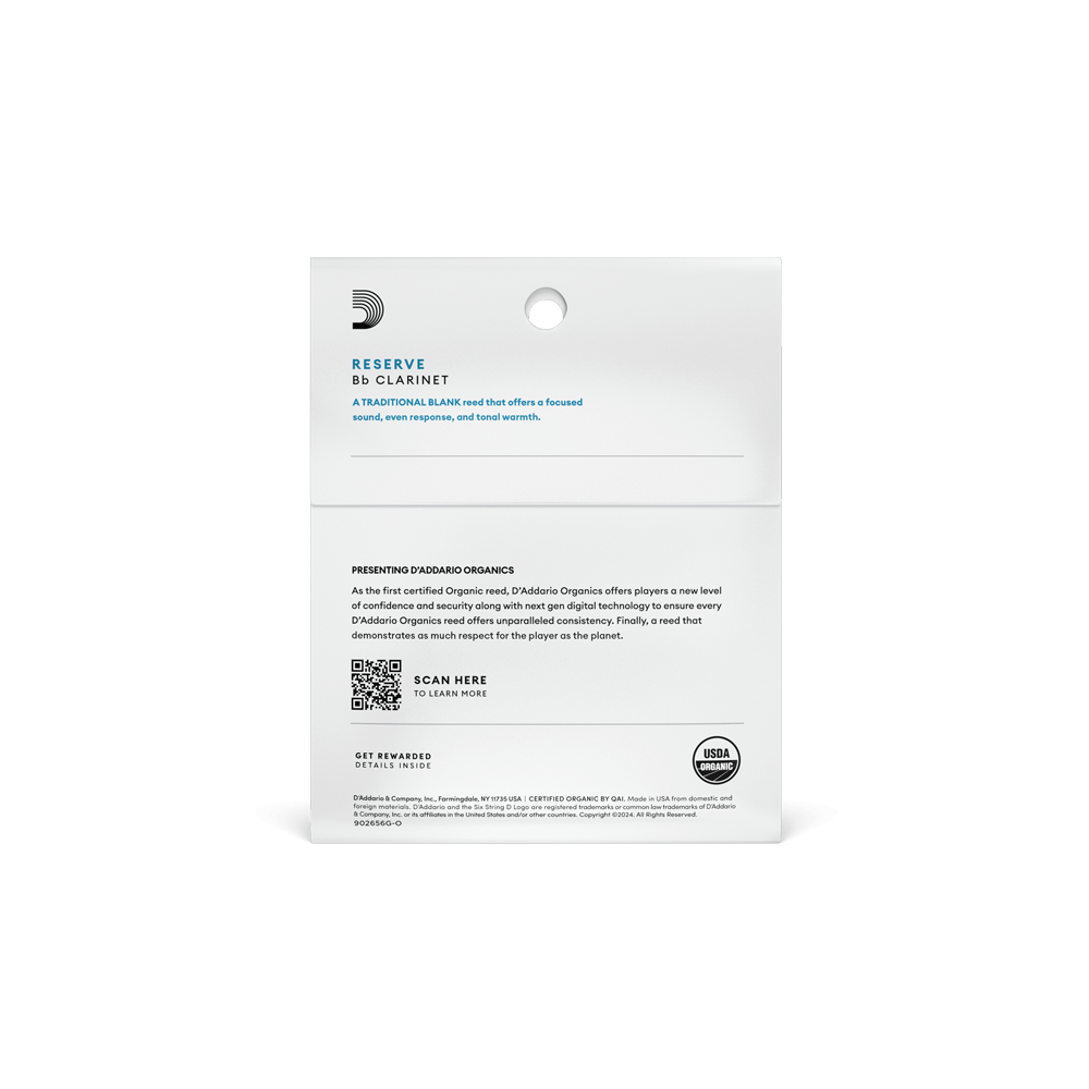 D'Addario Organic Reserve Bb Clarinet Reeds, Strength 2.0, Individually-Sealed, 3-Pack