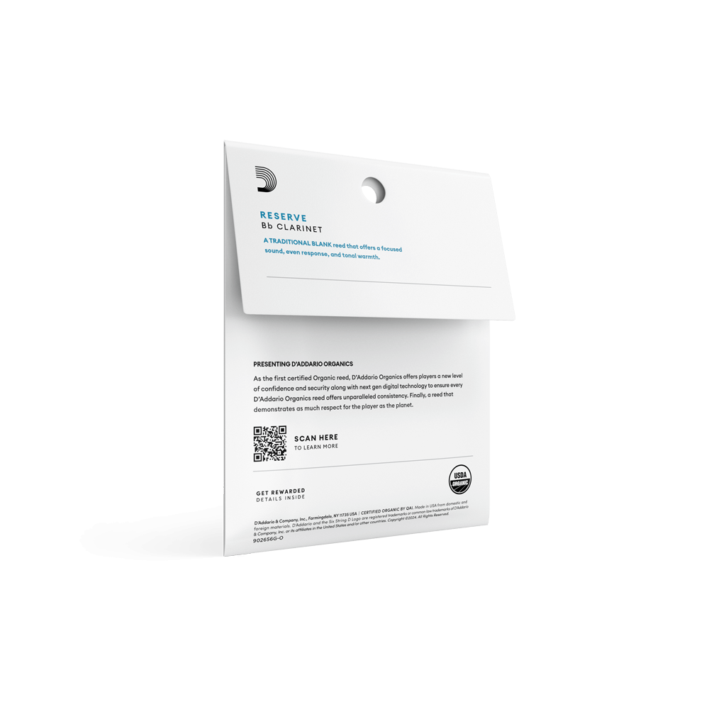 D'Addario Organic Reserve Bb Clarinet Reeds, Strength 2.0, Individually-Sealed, 3-Pack