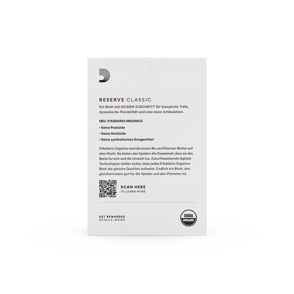 D'Addario Organic Reserve Classic, Deutsche Klarinette Reeds, Strength 3.5, Individually-Sealed, 10-Pack