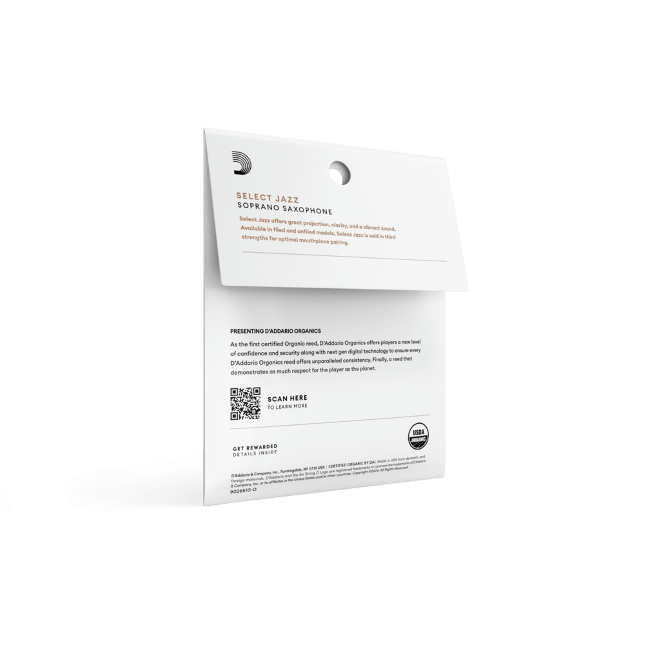 D&#39;Addario Organic Select Jazz Unfiled Soprano Saxophone Reeds, Strength 2 Soft, Individually-Sealed, 3-Pack