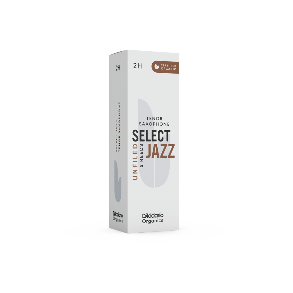 D'Addario Organic Select Jazz Unfiled Tenor Saxophone Reeds, Strength 2 Hard, Individually-Sealed, 5-Pack