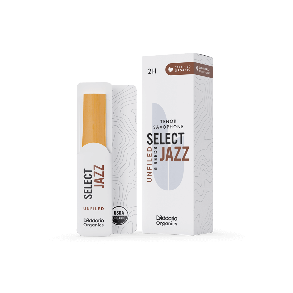 D'Addario Organic Select Jazz Unfiled Tenor Saxophone Reeds, Strength 2 Hard, Individually-Sealed, 5-Pack