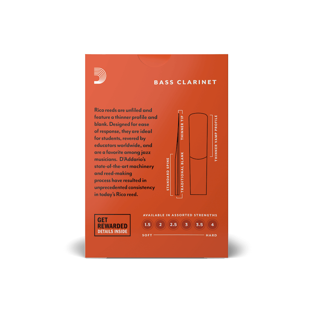 Rico by D'Addario Bass Clarinet Reeds, Strength 2, 10 Pack