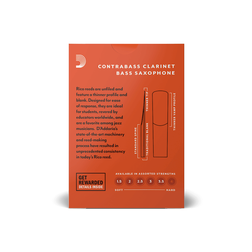 Rico by D'Addario Contra Clarinet/Bass Sax Reeds, Strength 2.5, 10-pack