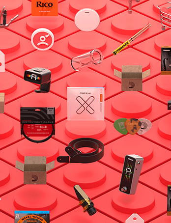 Various instrument accessories against red grid background